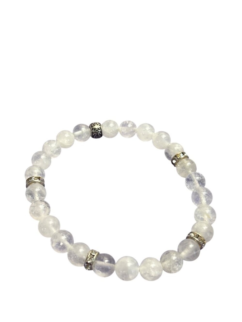 Slightly Stretchy Clear Quartz Beaded Bracelet Clear Rhinestones Silvertone